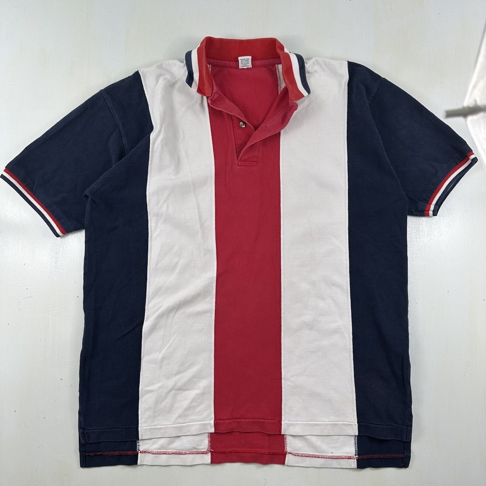 VTG Colorblock Polo Shirt Men Large Short Sleeve Red Blue Vertical Stripes Y2K - Picture 3 of 10